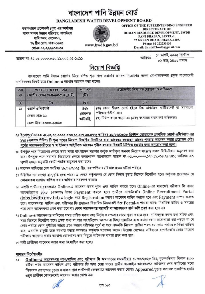পানি উন্নয়ন বোর্ড নিয়োগ বিজ্ঞপ্তি ২০২৫