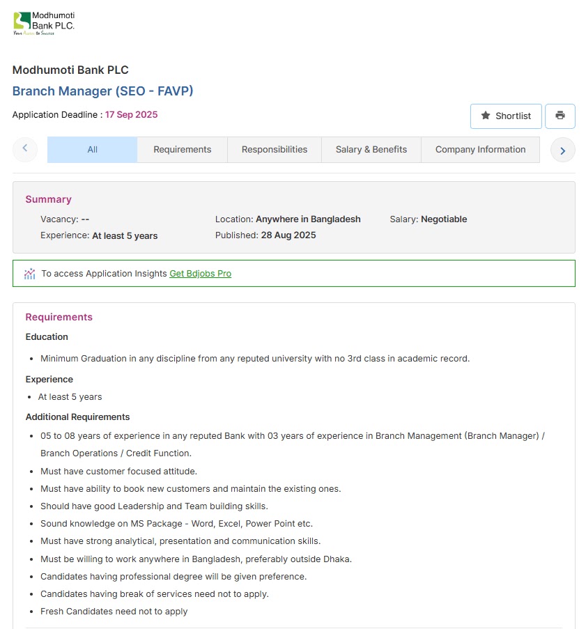 Modhumoti Bank Job Circular 2025