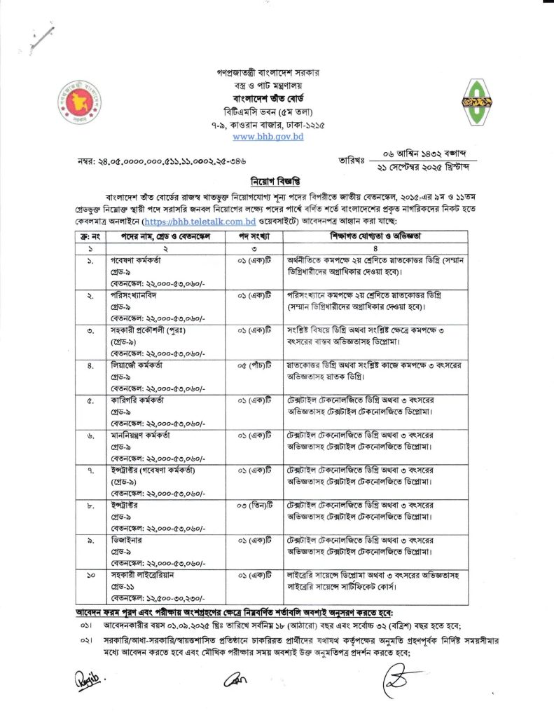 বাংলাদেশ তাঁত বোর্ড নিয়োগ বিজ্ঞপ্তি ২০২৫