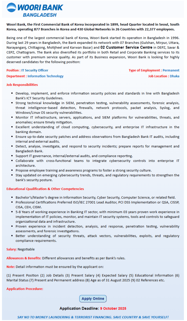 Woori Bank Bangladesh job circular 2025