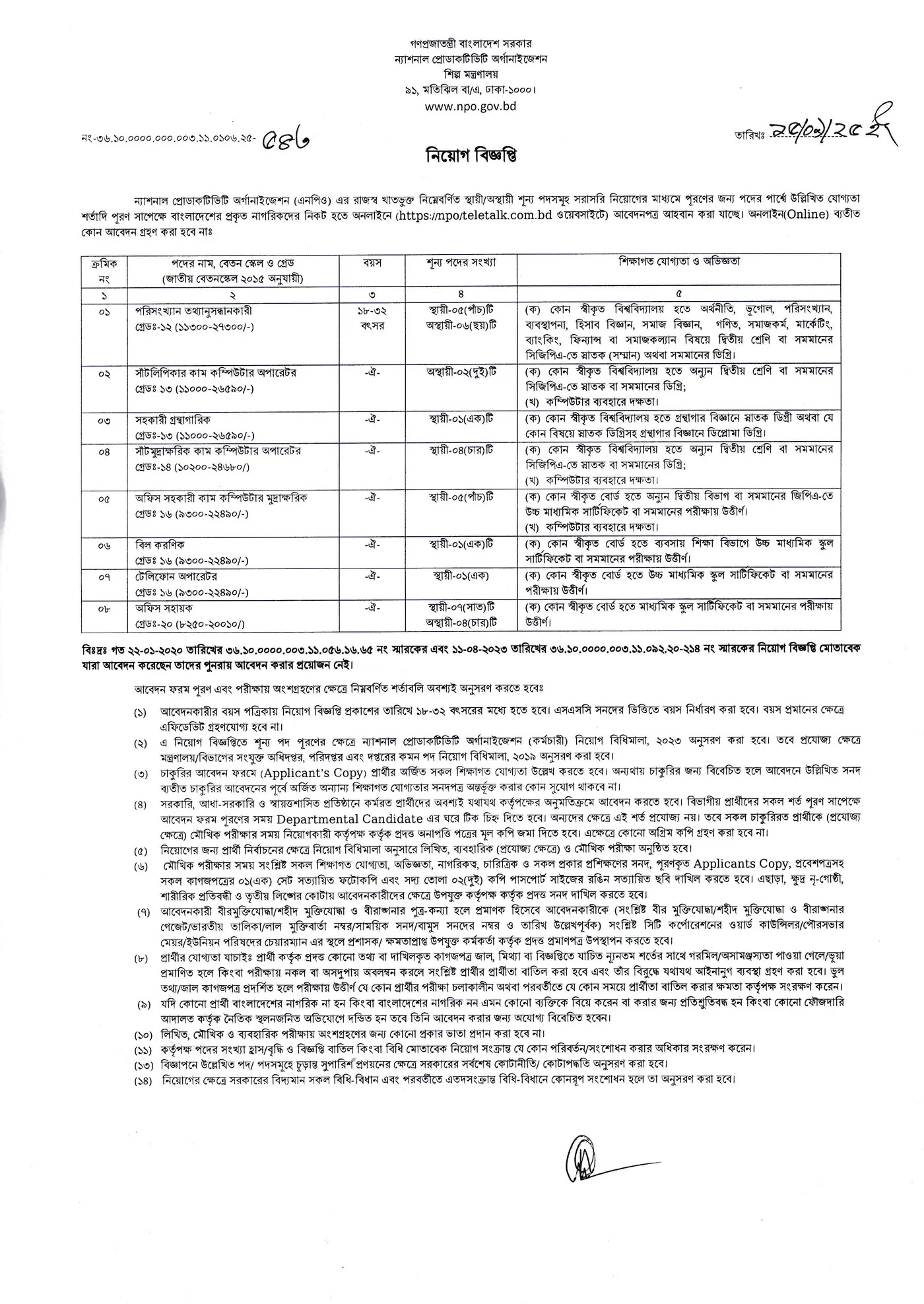 ন্যাশনাল প্রোডাক্টিভিটি অর্গানাইজেশন নিয়োগ বিজ্ঞপ্তি ২০২৫