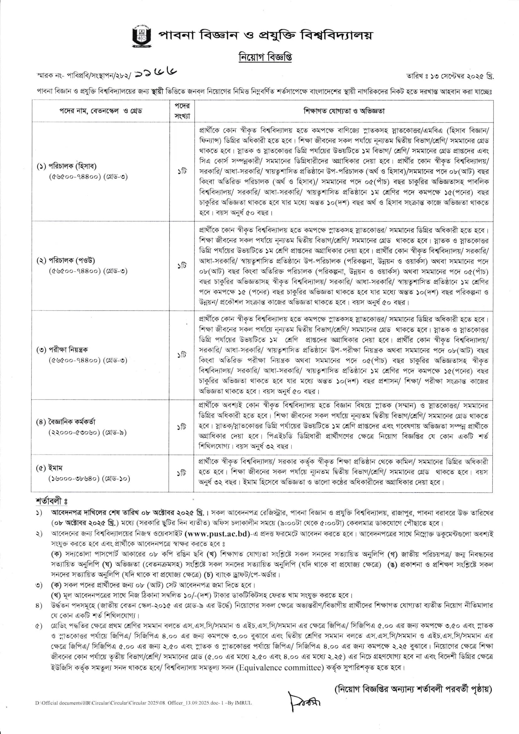 Pabna University of Science and Technology Job Circular 2025