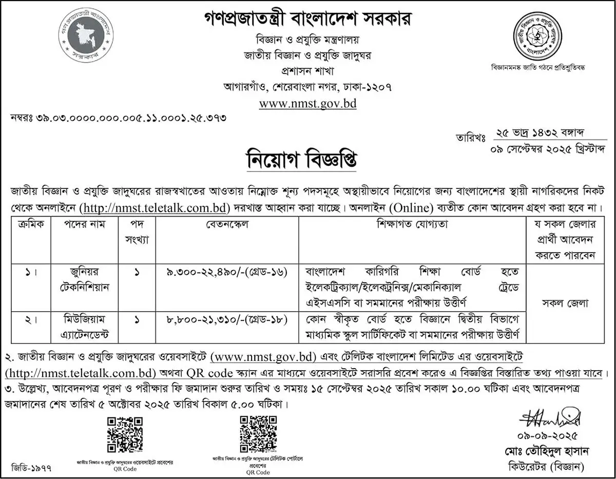 National Museum Of Science and Technology Job Circular 2025