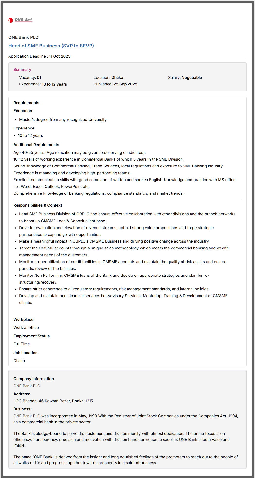 One Bank Job Circular 2025