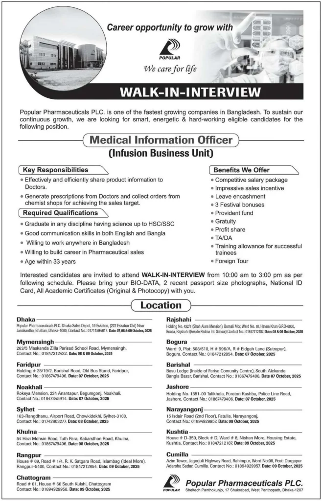 Popular Pharmaceuticals Ltd Job Circular 2025