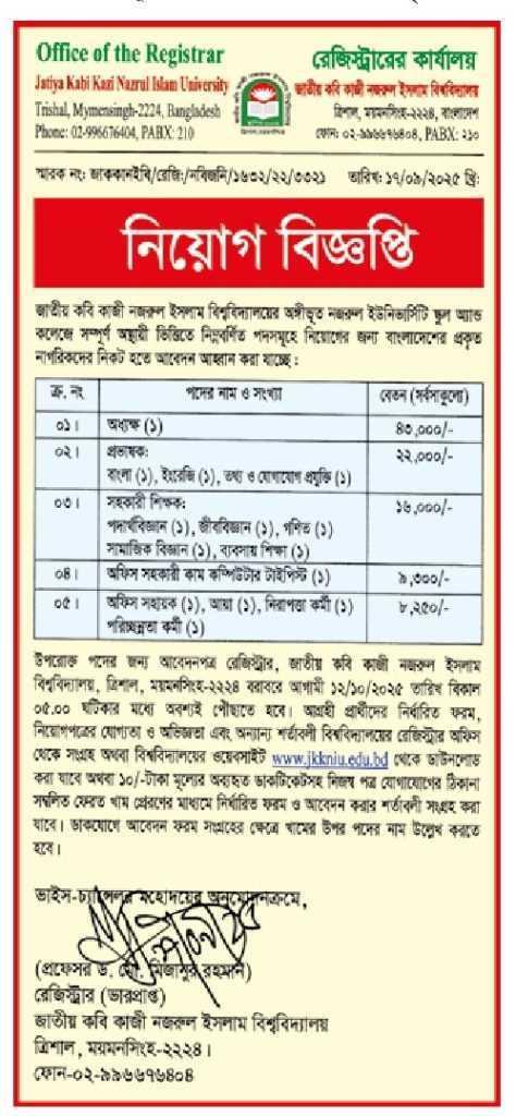 ১৬টি পদে কাজী নজরুল ইসলাম বিশ্ববিদ্যালয় নিয়োগ বিজ্ঞপ্তি ২০২৫| JKKNIU Job Circular 2025