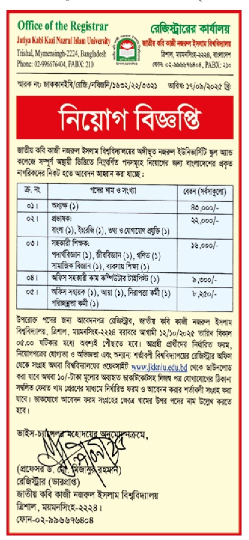 কাজী নজরুল ইসলাম বিশ্ববিদ্যালয় নিয়োগ বিজ্ঞপ্তি ২০২৫ 