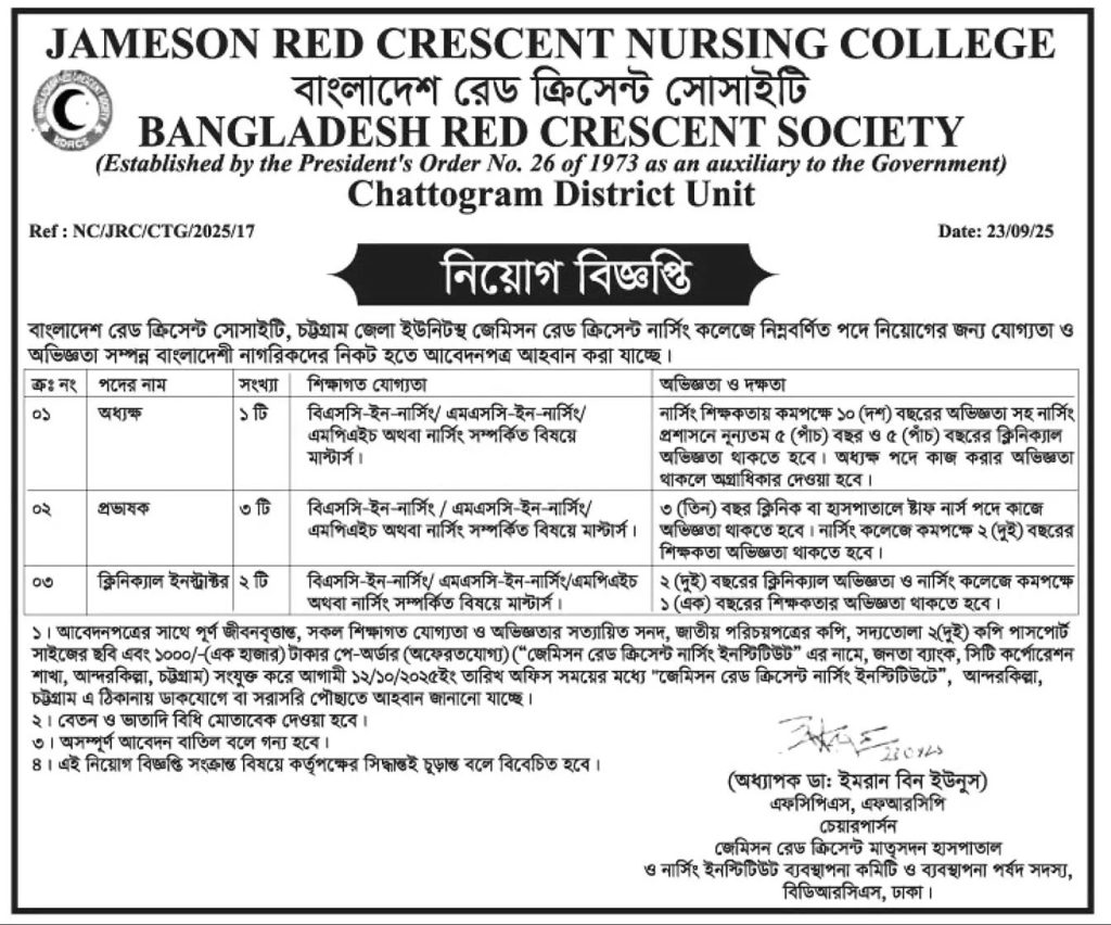বাংলাদেশ রেড ক্রিসেন্ট সোসাইটি নিয়োগ বিজ্ঞপ্তি ২০২৫Bangladesh RED Crescent Society Job Circular 2025
