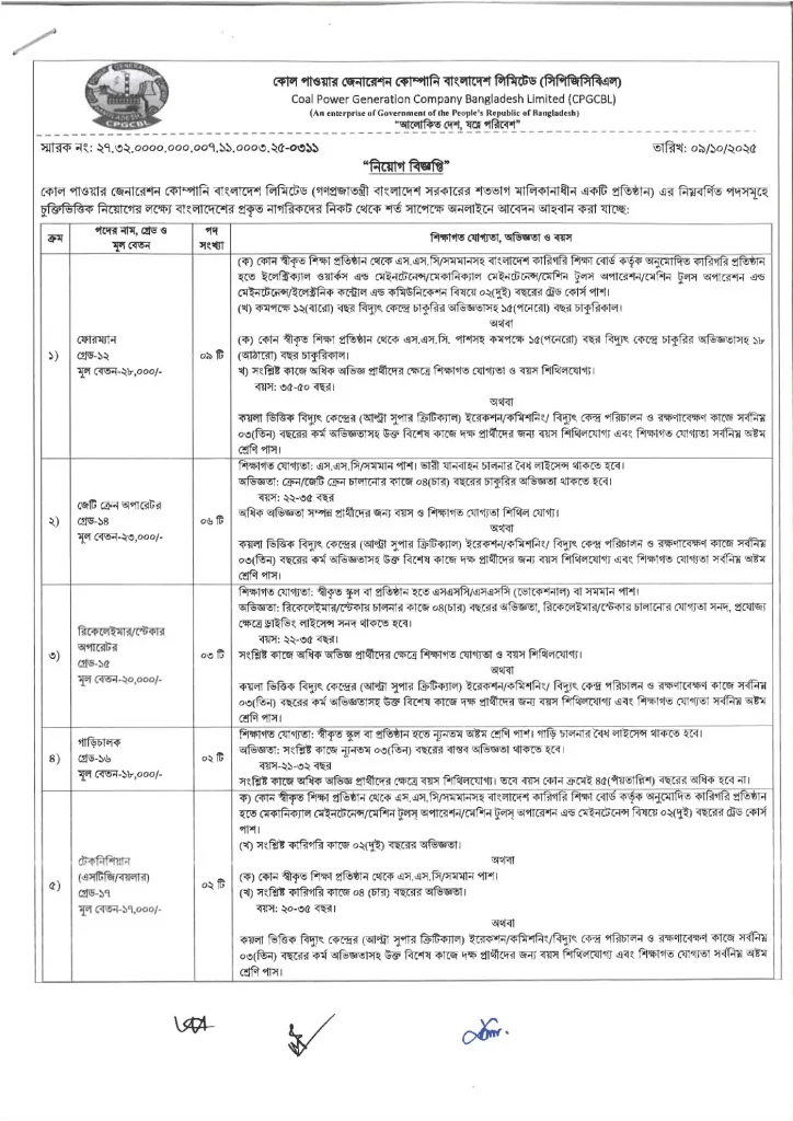 Coal Power Generation Company Bangladesh Limited Job Circular 2025