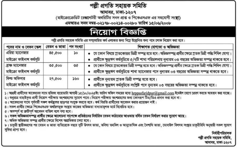 ২০৫টি পদে পল্লী প্রগতি সহায়ক সমিতি নিয়োগ বিজ্ঞপ্তি ২০২৫|PPSS NGO Job Circular 2025