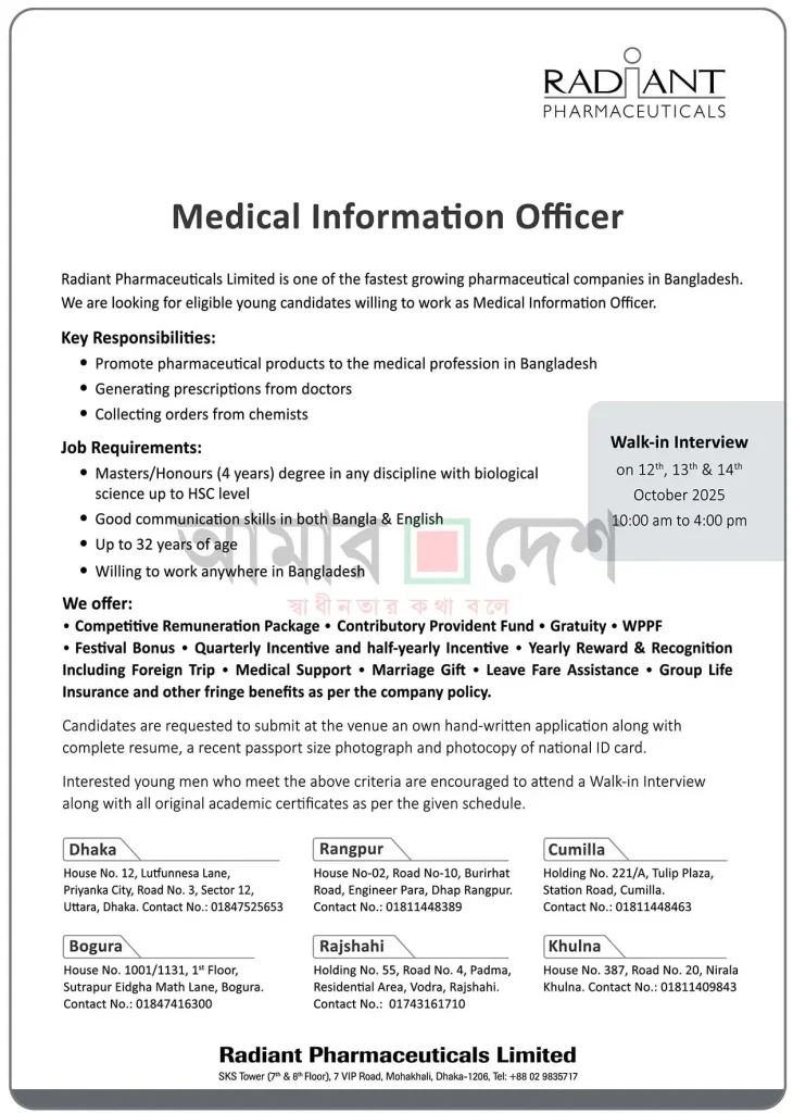 Radiant Pharmaceuticals Job Circular 2025