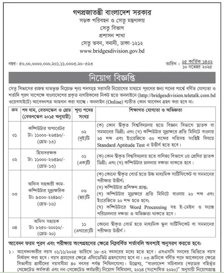 সেতু বিভাগ নিয়োগ বিজ্ঞপ্তি ২০২৫| Bridges Division Job Circular 2025