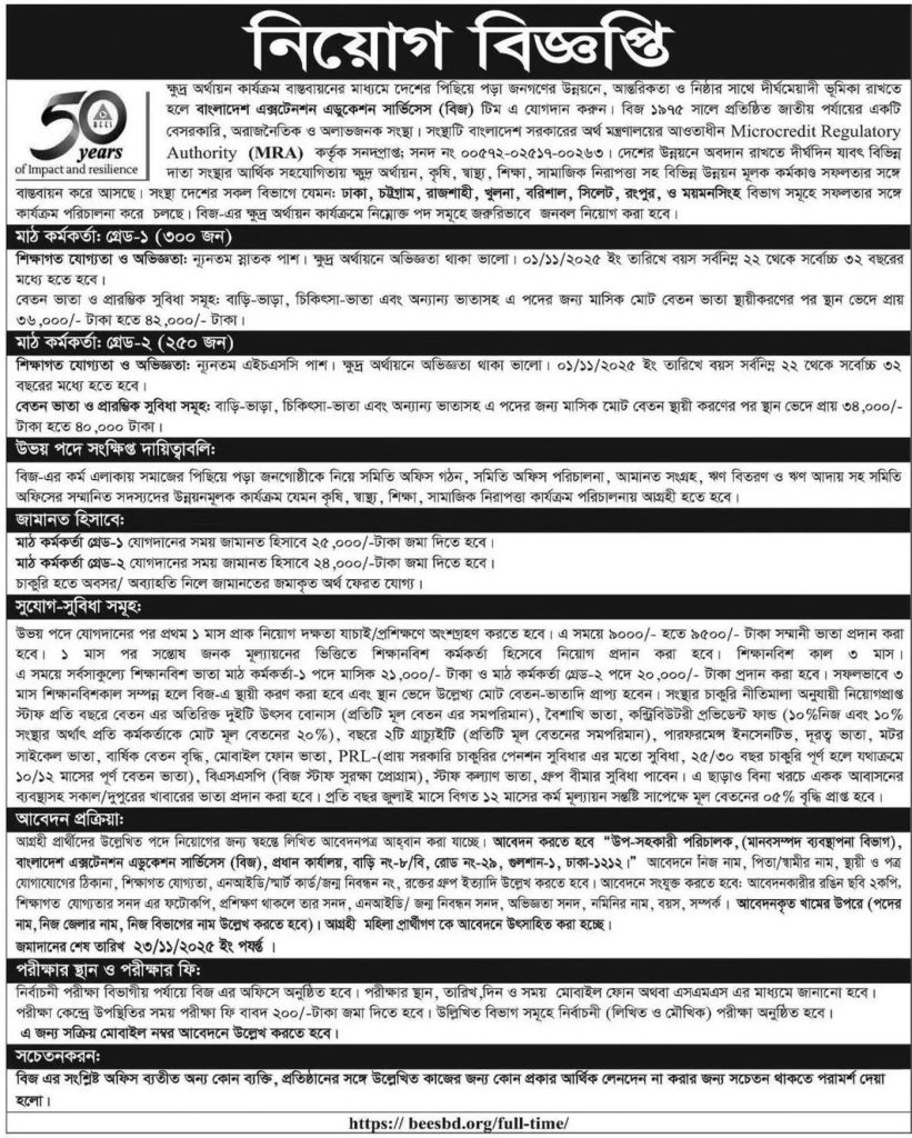 বিজ এনজিও নিয়োগ বিজ্ঞপ্তি ২০২৫ BEES NGO Job Circular 2025